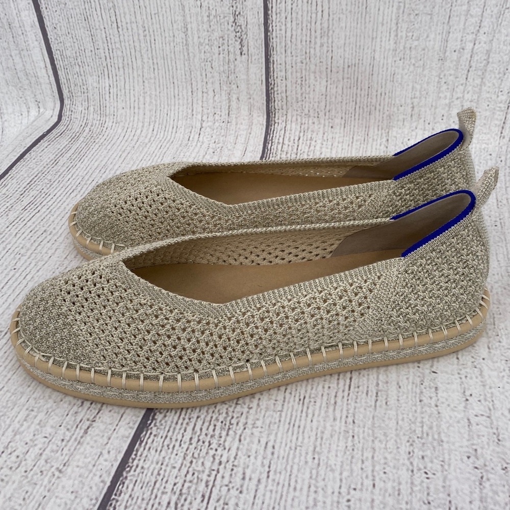 Rothys Espadrille Flats Womens 9 Gold Metallic Knit Blue Halo Sparkle Casual